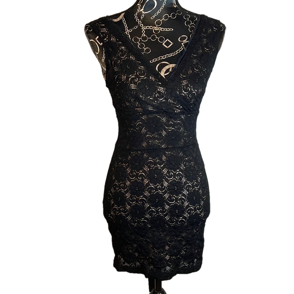 Black Floral Lace Sleeveless V Neck‎ Bodycon Mini Dress Cocktail Party LBD